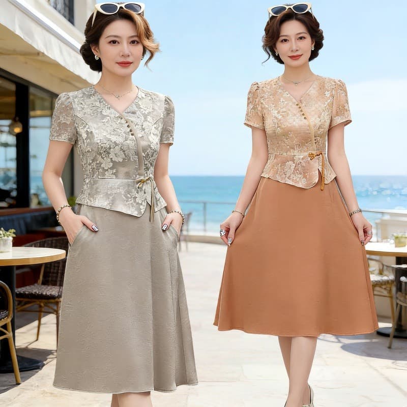 Temperament mother fake two-piece short-sleeved dress, middle-aged and elderly women's summer dress new mid-length skirt summer