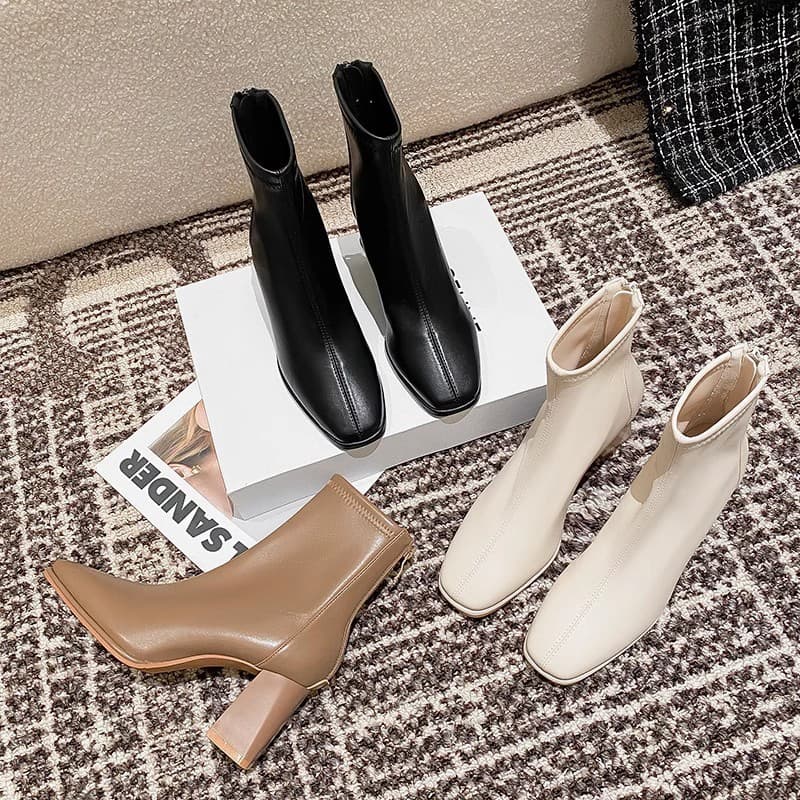Yanshun~In-Stock Boots Women 2024 Korean Platform Chunky Heel Ankle Boots French Style High Heel Slim Boots