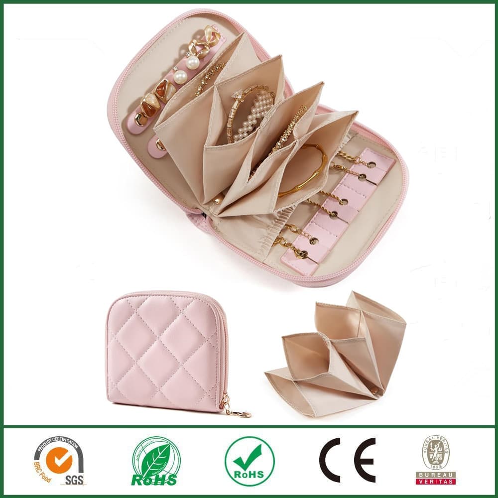 Mini Travel Jewelry Box Leather Double Zipper Model for Rings and Necklaces 2 Zipper Pockets Removable Interior Pocket