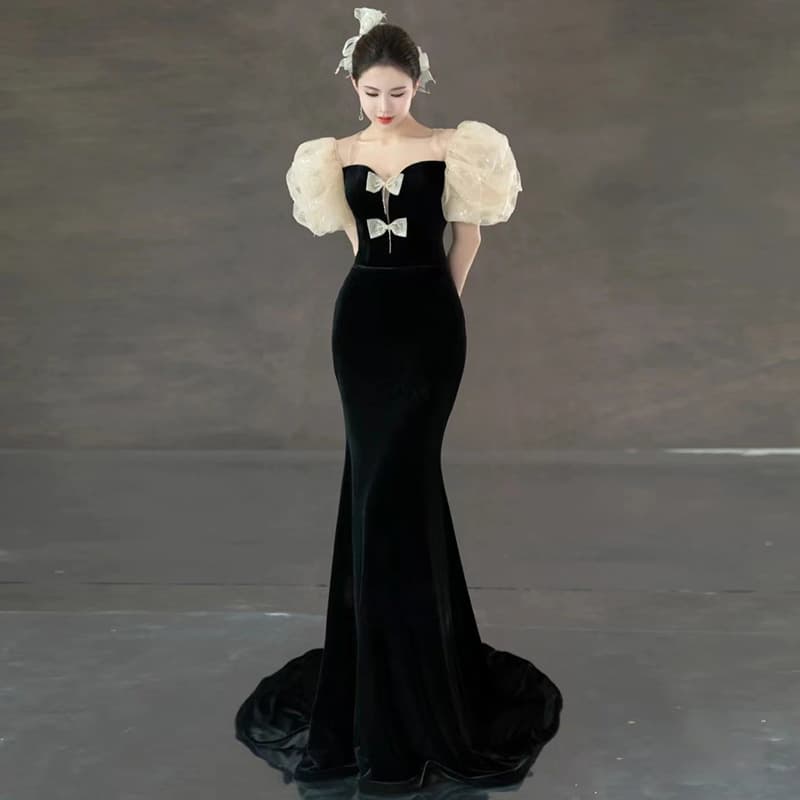 Black Puff Sleeve Evening Gown 2026 New Light Luxury Mermaid Train Princess Dress for Annual Gala Art Exam Cross-Border