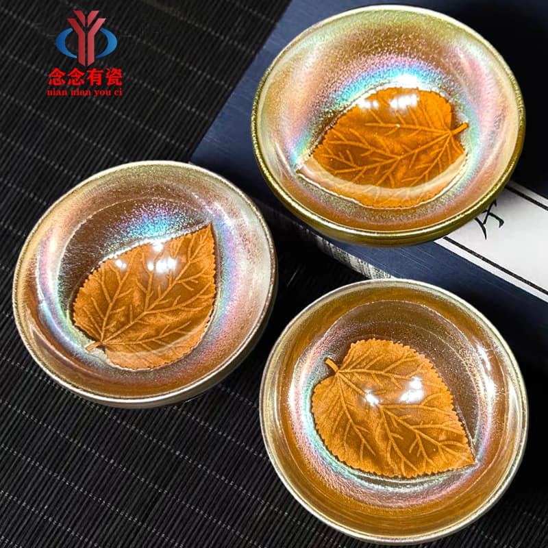 New Premium Large Size Ceramic Tea Cup Wooden Leaf Design Owner Cup High End Tea Bowl Black Glazed Porcelain Ceramics