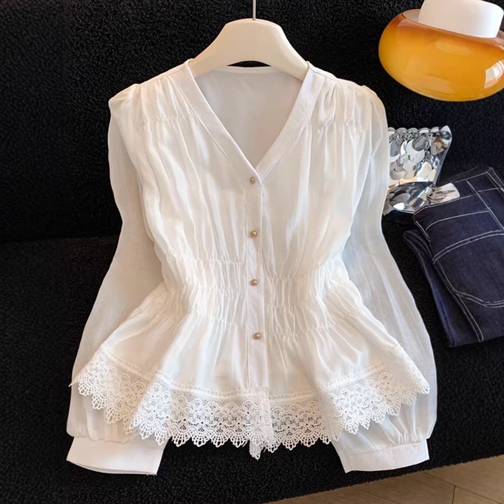 French Design V-Neck Bubble Sleeve Blouse for Women 2026 New Waist-Cinching Lace Patchwork Long-Sleeve Shirt A10789