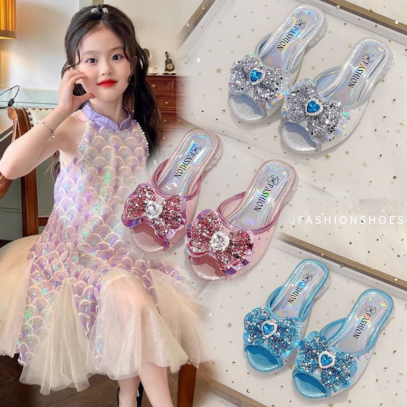 Girls' Princess Low Heel Sandals Summer New Butterfly Bow Rhinestone Sequins Open Toe Slip-On