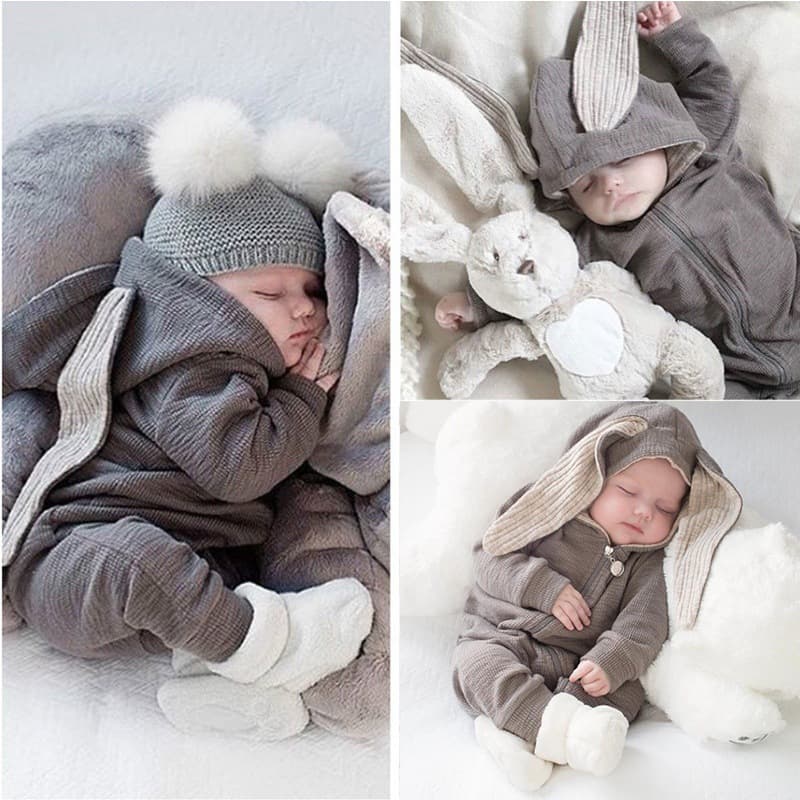 Spring and Autumn Easter Easter Bunny Ears Jumpsuit for Boys and Girls with Bevel Zipper Cute Cotton Jumpsuit Romper Shirt