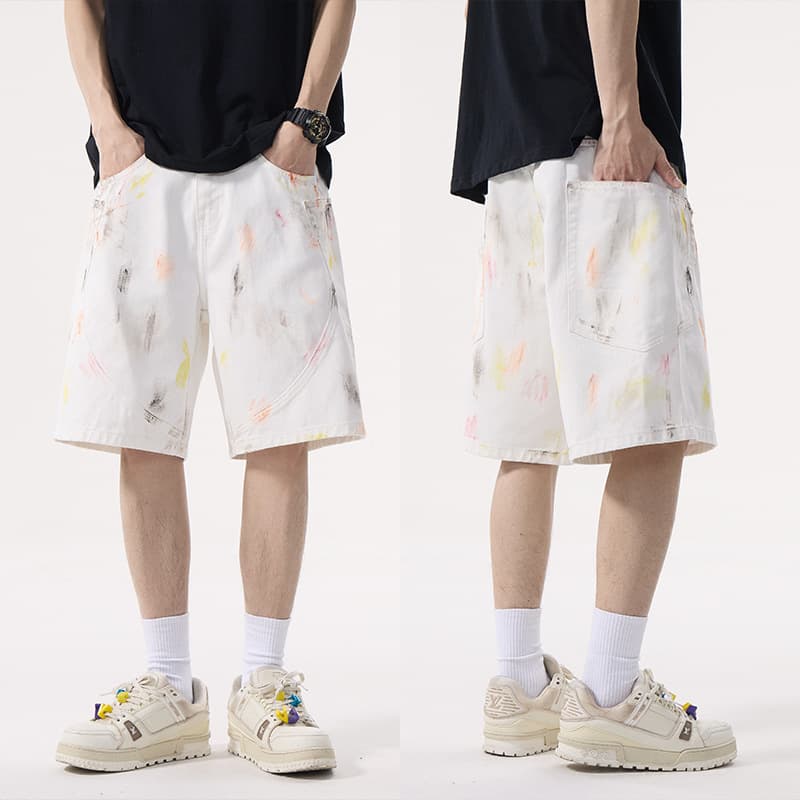 Heavyweight, loose-fitting curved mid-length shorts, niche graffiti-print fashionable and luxurious white denim trousers