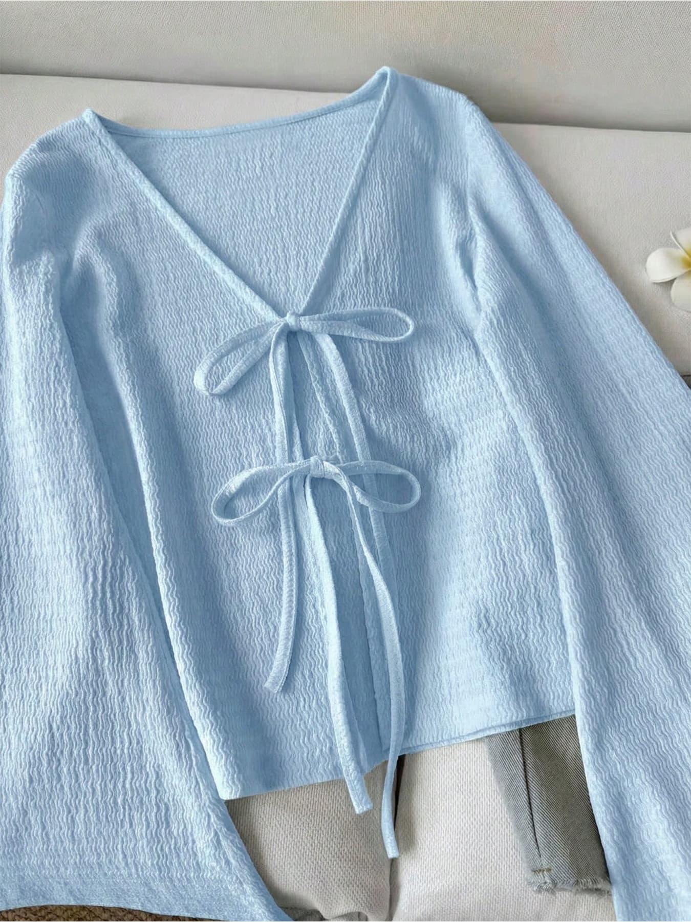 European and American Women's New Loose Fit V-Neck Flared Sleeve Casual Thin Tie-Front Cardigan Jacket