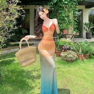 Sunset Dress Stunning Ombre Gradient Swimsuit Women Bikini Thailand Sanya Beach Vacation Wrap Mermaid Long Skirt