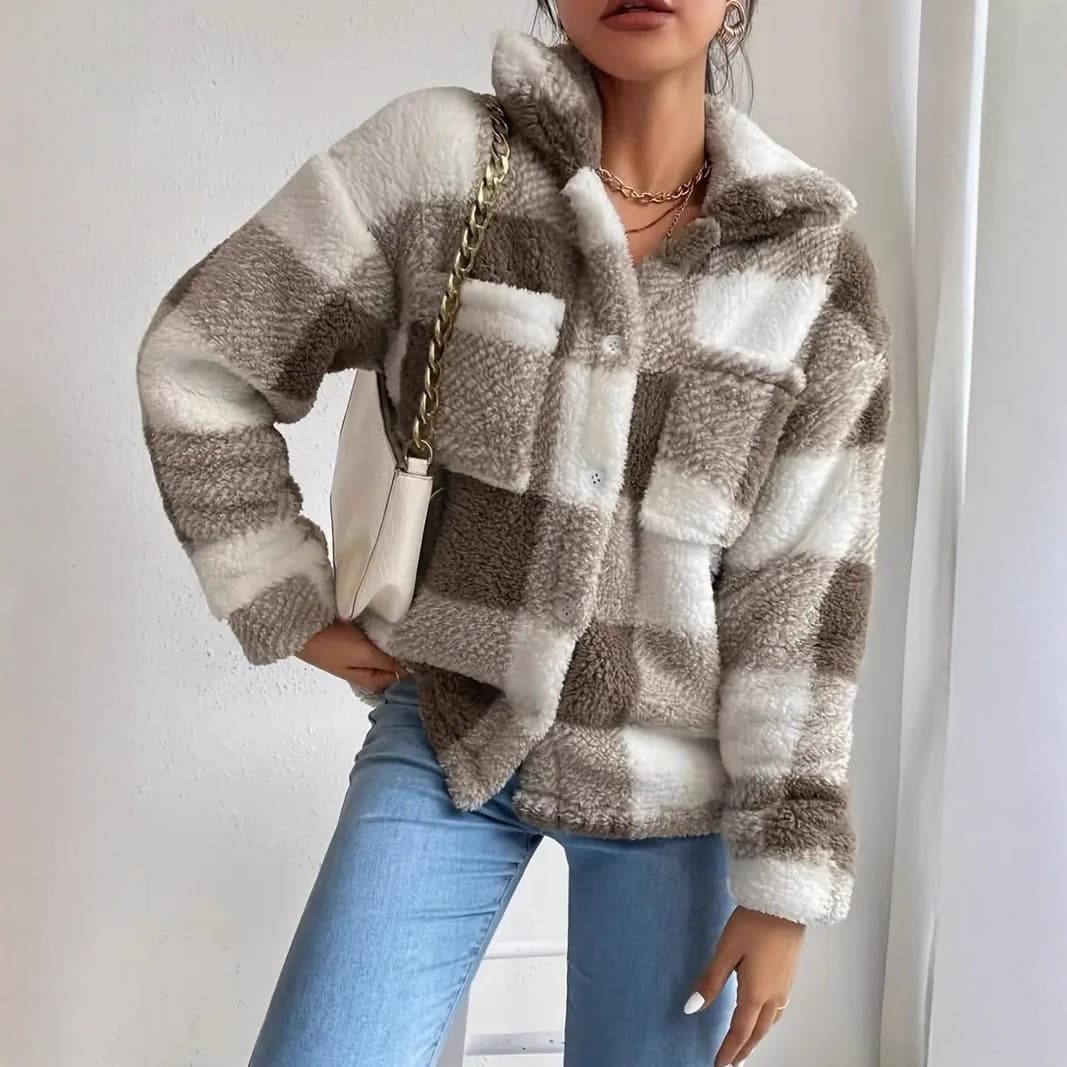 2025 European and American Cross-border Women's Elegant Fashion Casual Commute Plaid Short Faux Fur Jacket