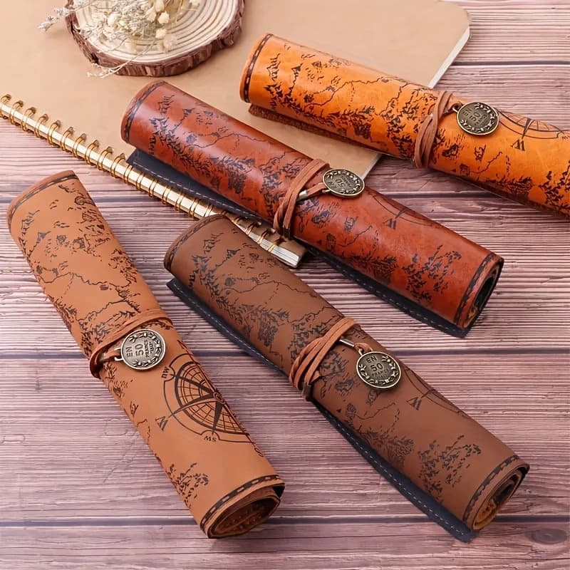 Creative Treasure Map Vintage Pencil Case Leather Large Capacity Roll-Up Pencil Case Chinese Style Stationery Bag for Students