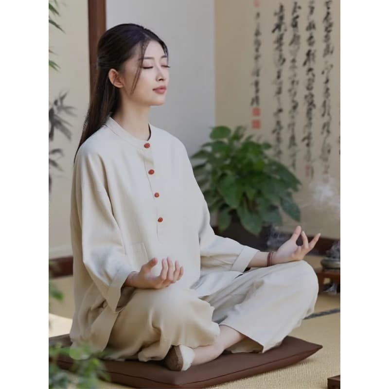 Single top Zen clothing cotton and linen buckle layman clothing autumn Chinese style Zen plain clothing women's new Chinese style Tai Chi performance clothing