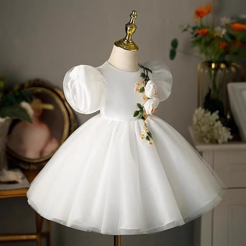 Children's White Princess Dress for Girls Birthday Tutu Tulle Piano Performance Host Baby First Birthday Kindergarten Stage Costume