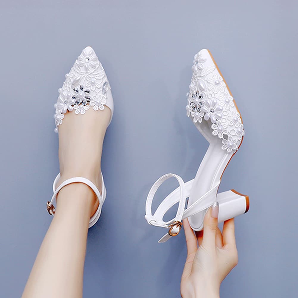 7cm Chunky Heel Pointed Toe Sandals Spring Summer Block Heel Low-Cut Women's Sandals Lace Net Rhinestone Bride Wedding High Heels
