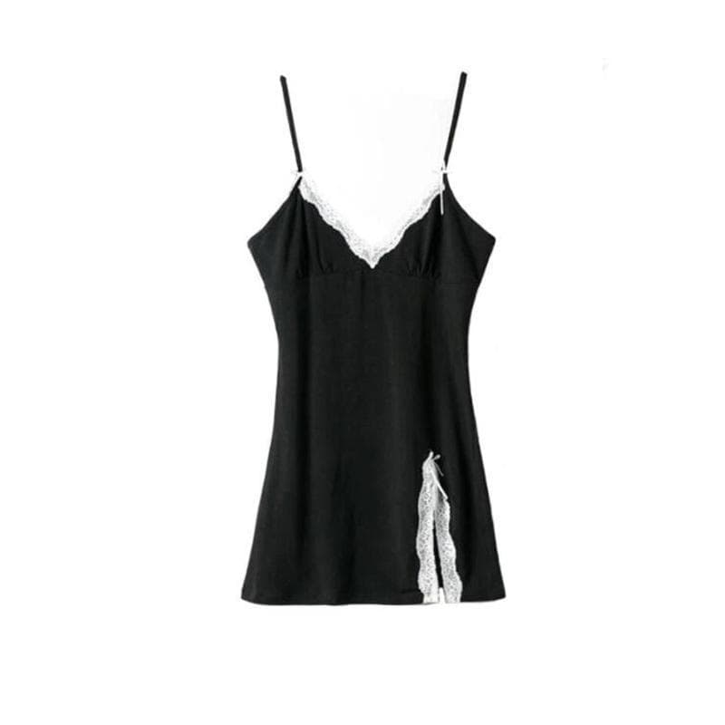 Internet celebrity spring new retro chic sexy suspender V-neck lace splicing bottoming pajama dress trendy brand