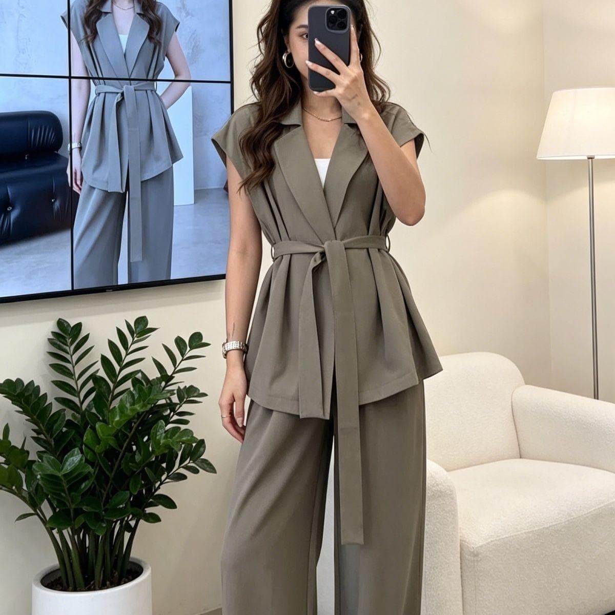 European and American Cross-Border INS 2025 Fashion Sleeveless Oversized Tie-Front Cardigan High-Waist Long Pants Casual Set