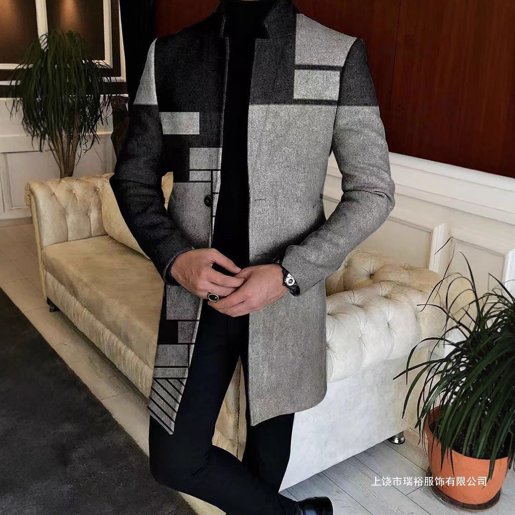 European and American foreign trade cross-border men's coat autumn and winter new style woolen stand collar mid-length printed casual coat long jacket