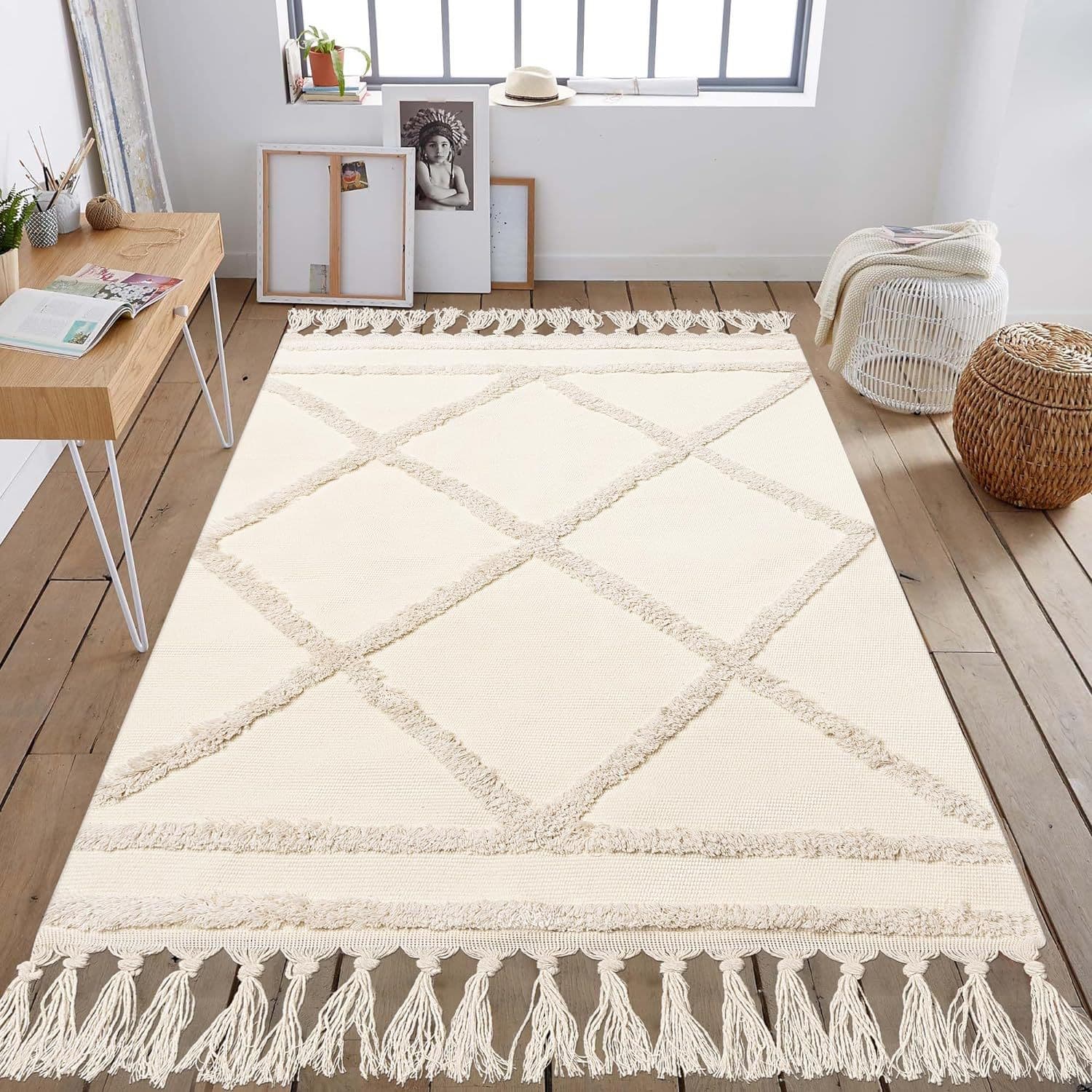 Handwoven Cotton Flocking Carpet Bathroom Mat Hotel Homestay Decorative Rug Machine Washable Living Room Bedroom Study