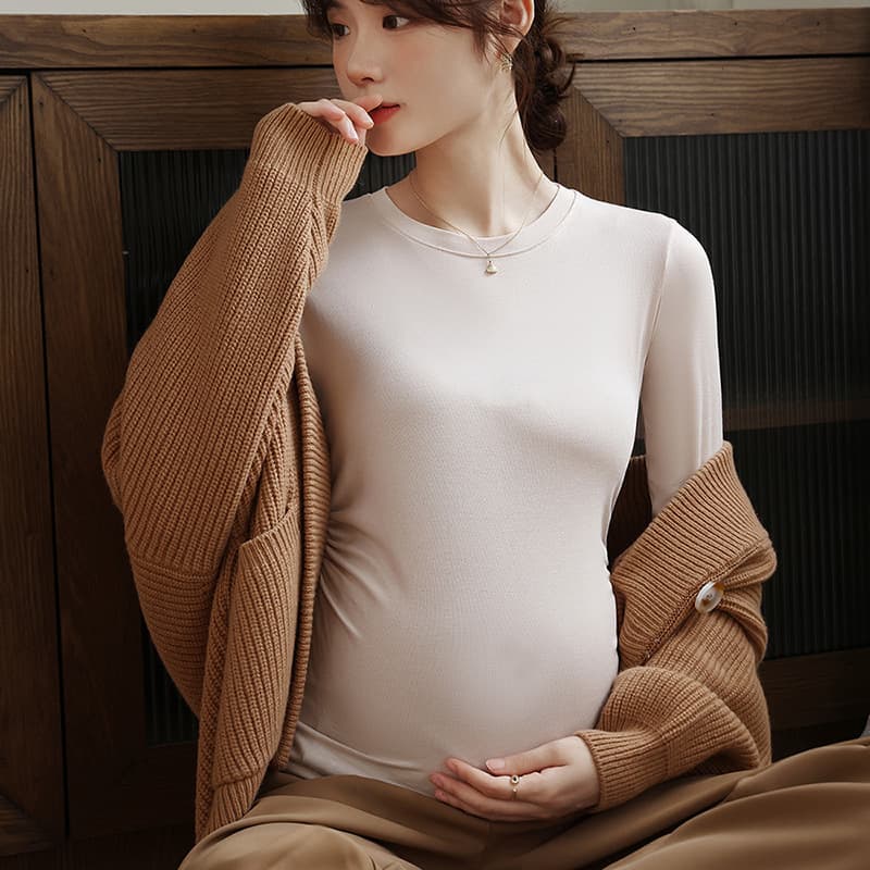 Maternity Crew Neck T-Shirt, Modal Fabric, Spring/Autumn, Solid Color, Casual, Inner Layer