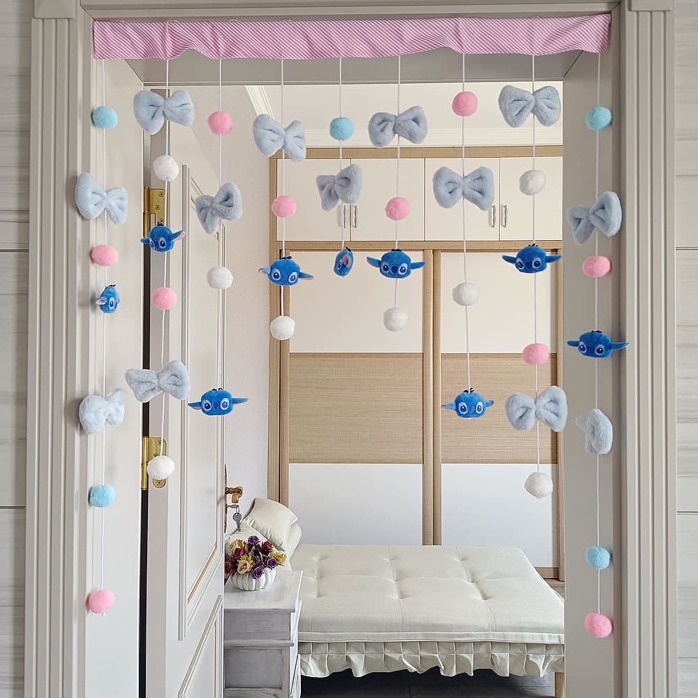 Cute Bowknot Ins-Style Daydreaming Stitch Bedroom Entry Door Curtain Decoration, No-Drill Hanging Door Curtain