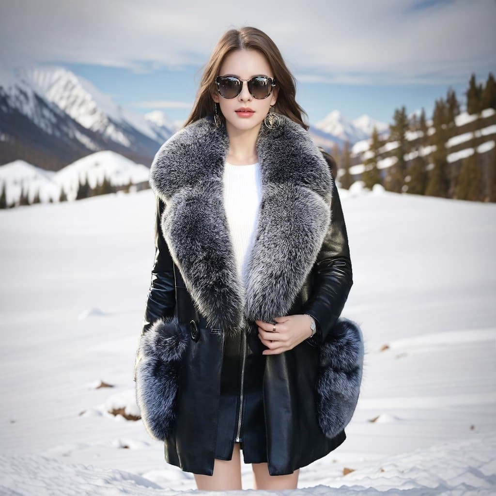 European and American leather women's mid-length fur coats with cotton, eco-friendly fox fur windbreaker, large size, autumn and winter