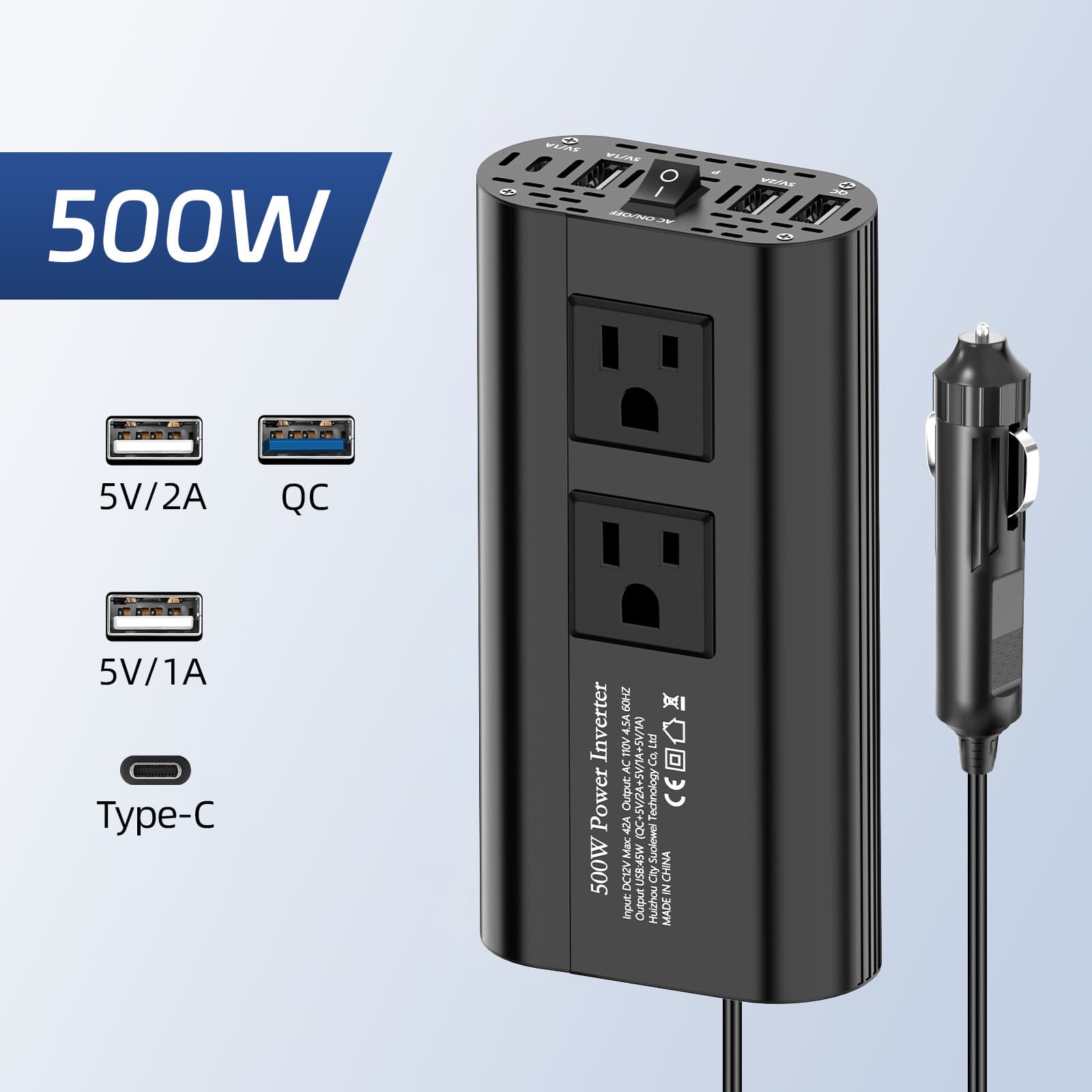 Cross-border Supply Europe/US/Brazil Inverter Modified Sine Wave 300/500W Car 12V to 220V High Efficiency Conversion