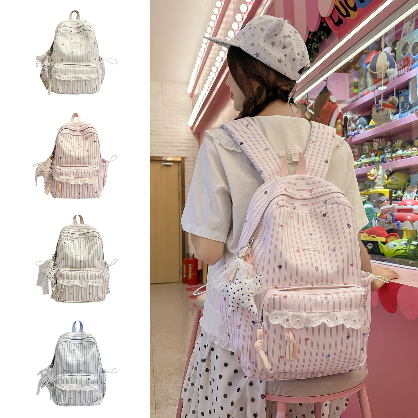 Korean sweet style backpack for women ins striped love shopping and travel backpack campus junior high school student schoolbag for women
