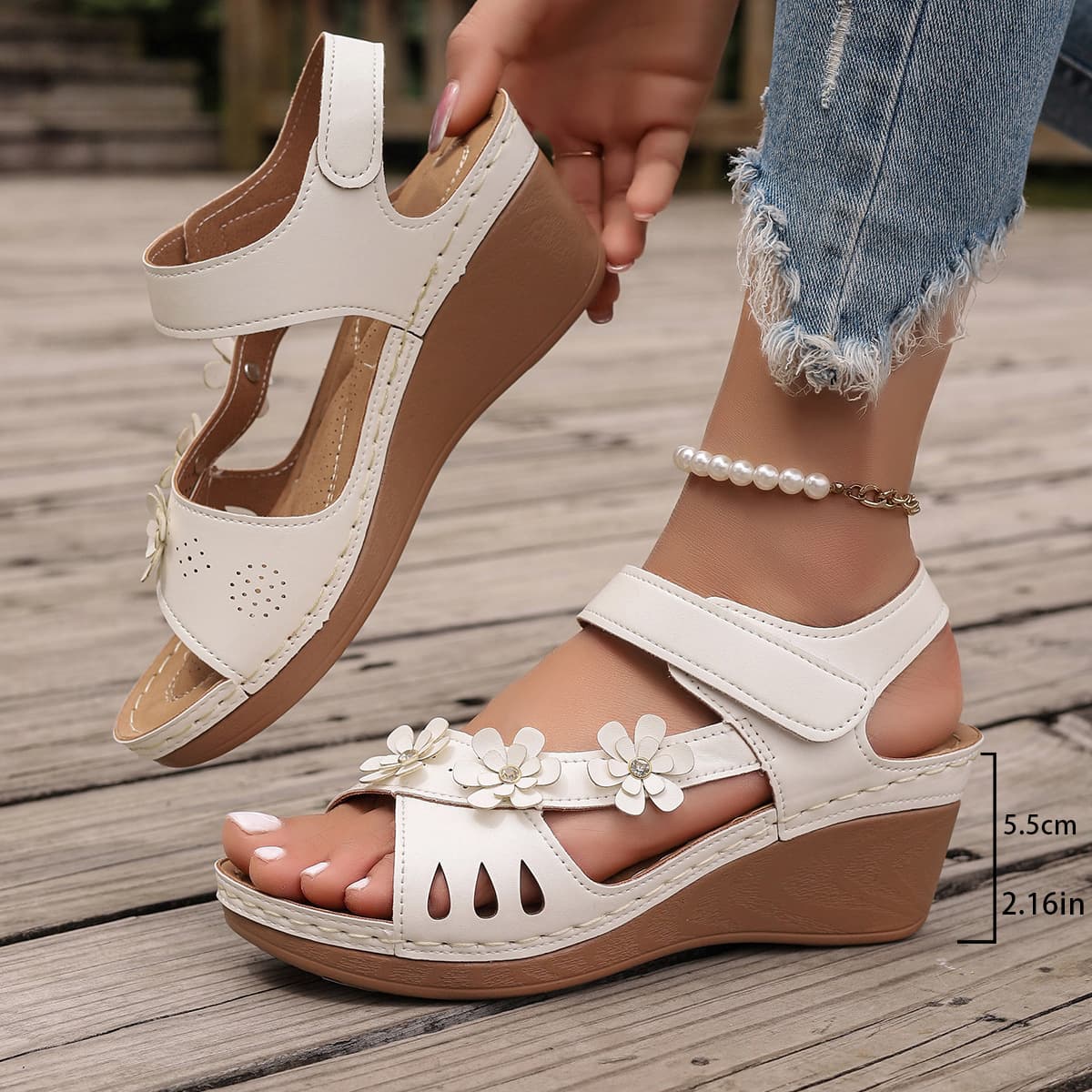 Large Size Wedge Heel Sandals Women 2026 Summer European American New Hollow Flower Thick Sole One-strap Beach Sandals Women's Sandals