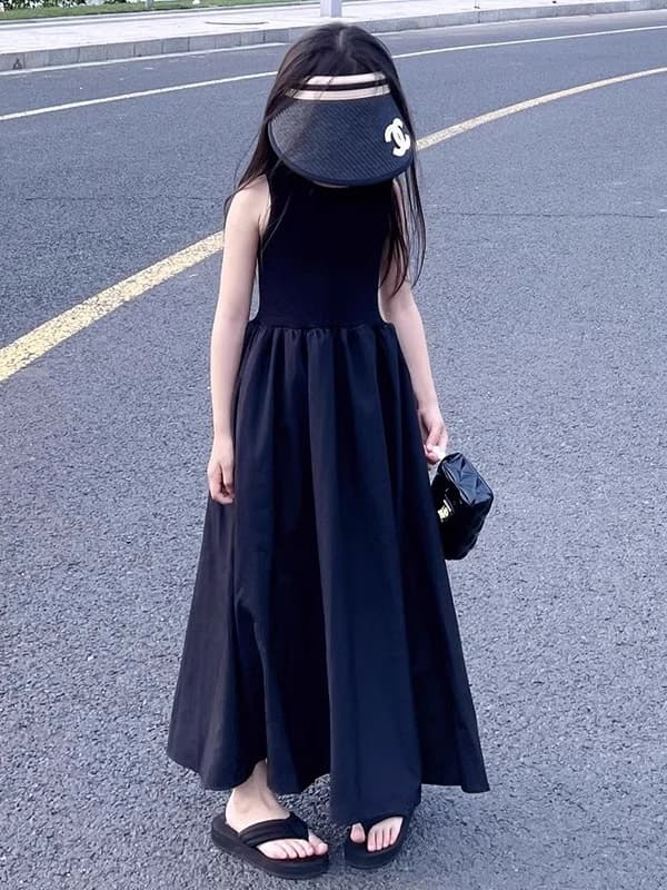 Girls' Modal Summer Little Black Dress Casual Long Dress Big Girls Sleeveless Vest Dress with Flared Skirt