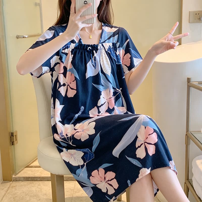 Cotton Silk Nightgown for Women, Summer Thin Short Sleeve Printed Dress, Internet Celebrity Style, Plus Size, Spring/Autumn Homewear Wholesale