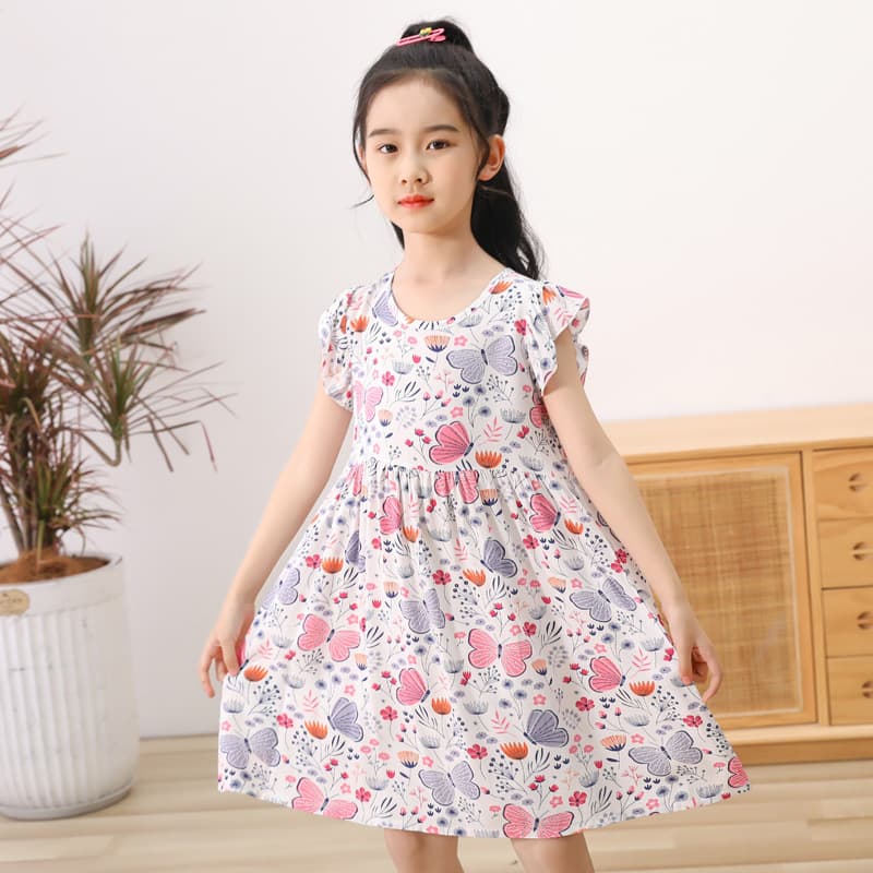 Girls' Dress, Children's Summer Cotton Silk Skirt, Baby Floral Skirt, Baby Girl's Korean Style Short-Sleeved Princess Skirt with Skirt