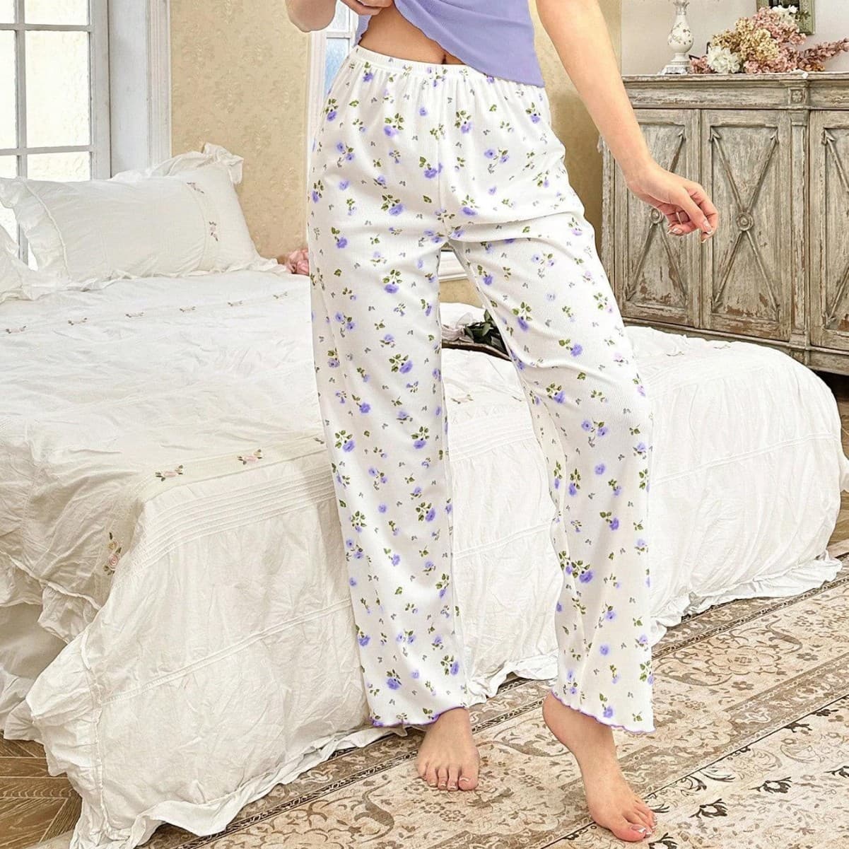 Shein Hot Selling Pajama 2-Piece Set Women's Cross-Border Bestseller New Wholesale European American Homewear Printed Ribbed