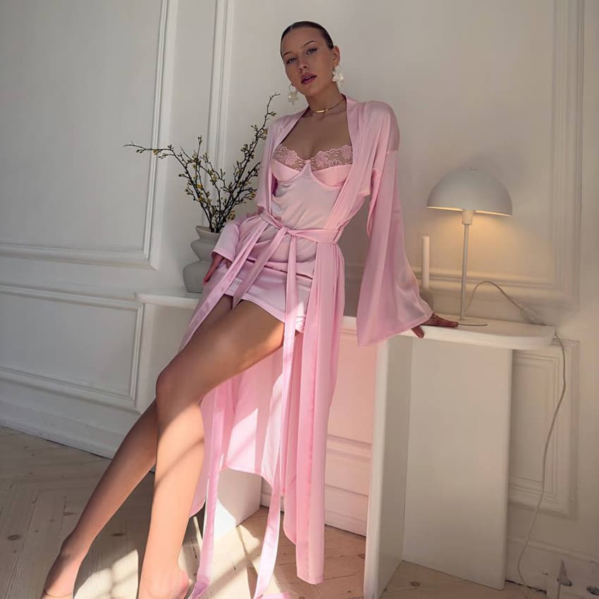 2026 Autumn/Winter New Pajama Set, Silk-Like Lace Camisole Nightgown and Robe Two-Piece Set, Loose-Fitting Homewear for Women