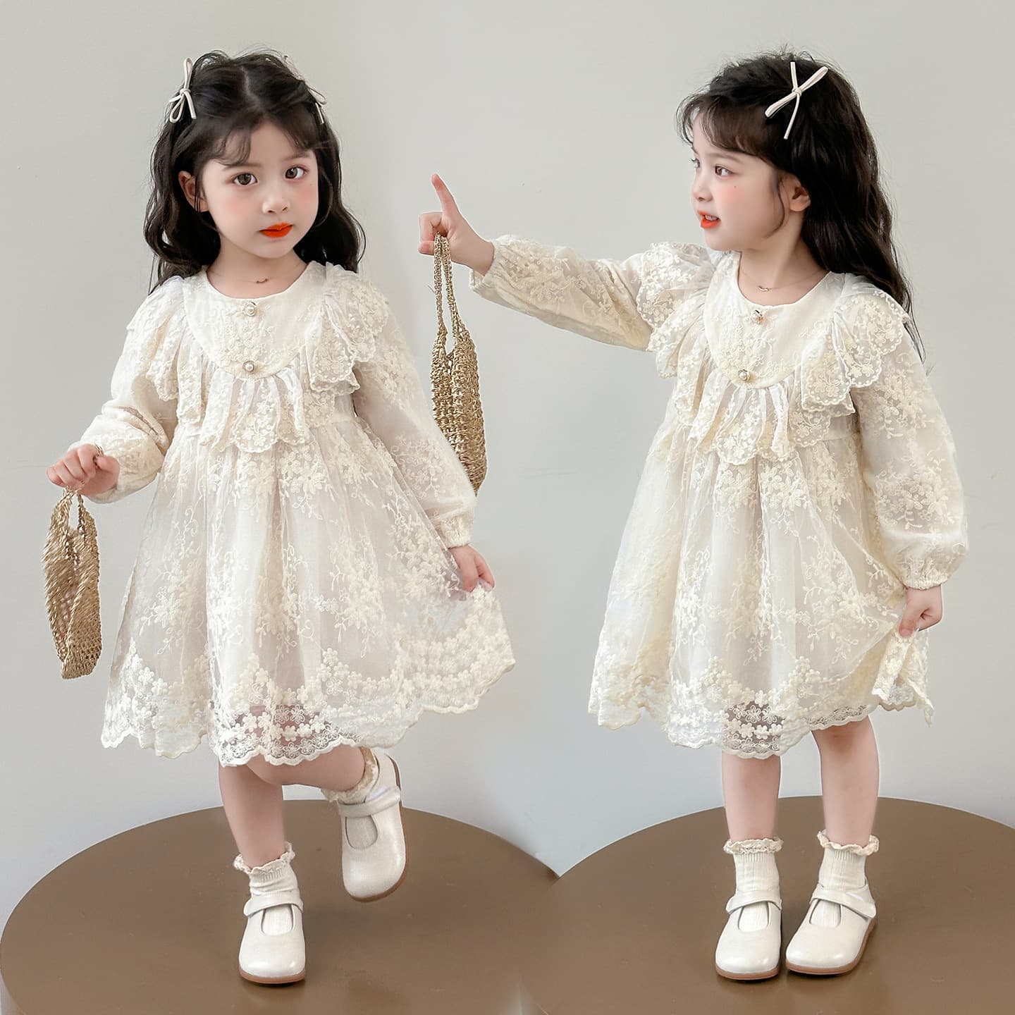 Girls' lace long-sleeved dress spring and autumn 2025 new style baby girl fashionable children's lace princess skirt trendy