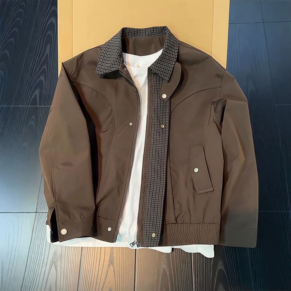 Old Money Style Vintage Brown Coffee Jacket Men's Autumn Streetwear Premium Plaid Spliced American Bomber Jacket