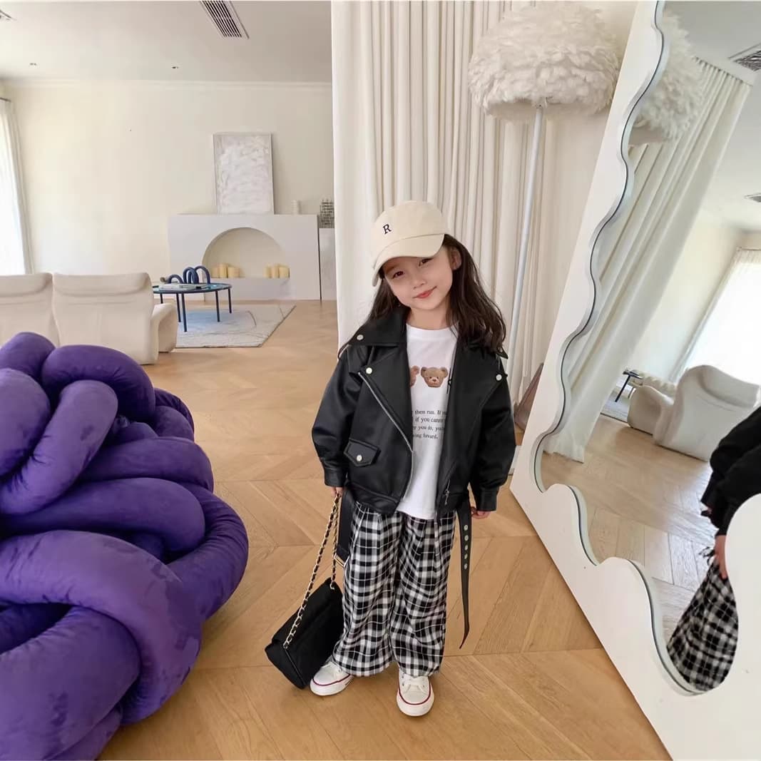 Korean Style Children's Jacket 2023 Autumn New Fashion Boys and Girls Leather Motorcycle Short Leather Jacket Trendy