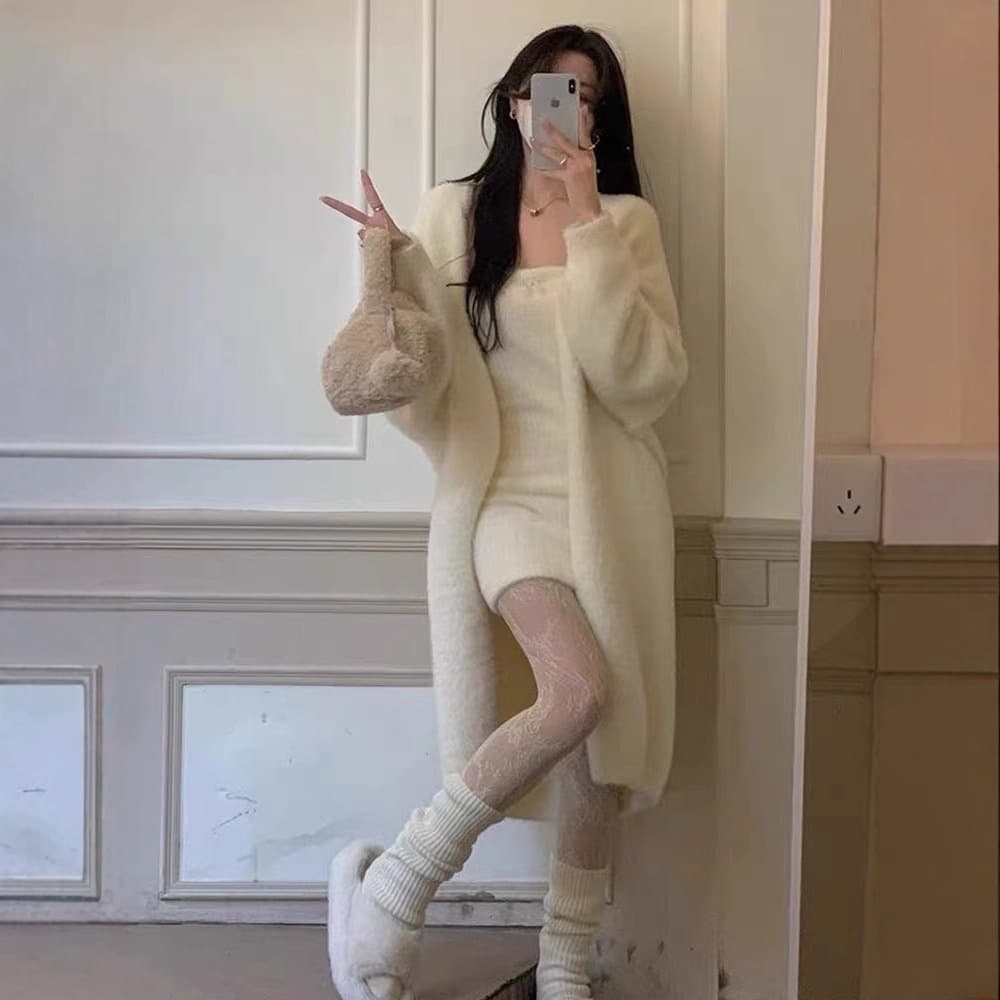 2025 Autumn Winter Lazy Loose Knee-Length Mid-Length Thickened Pure Faux Mink Velvet Knitted Sweater Cardigan Jacket for Women
