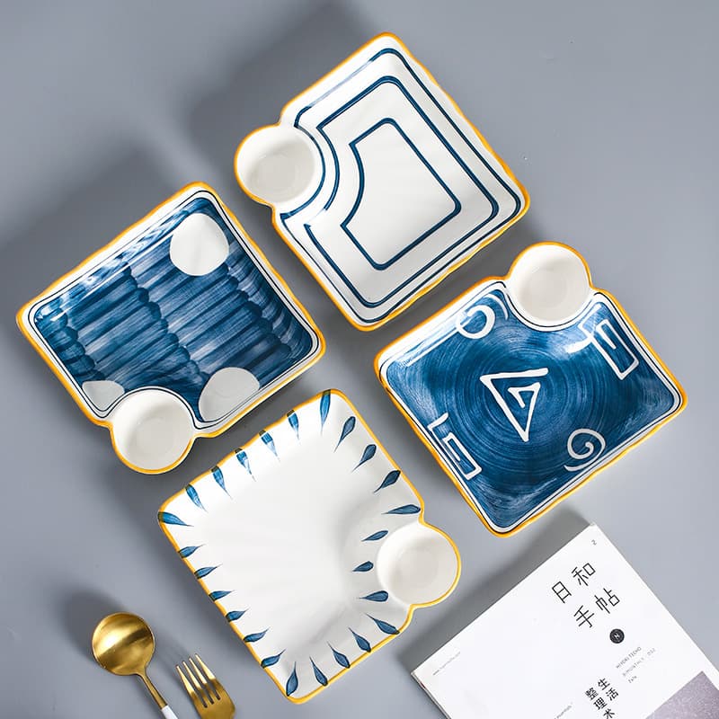 Qingyao Japanese-style hand-painted dumpling plate with vinegar dish, ceramic square multi-purpose dumpling compartment dipping sauce plate, dumpling plate, breakfast plate