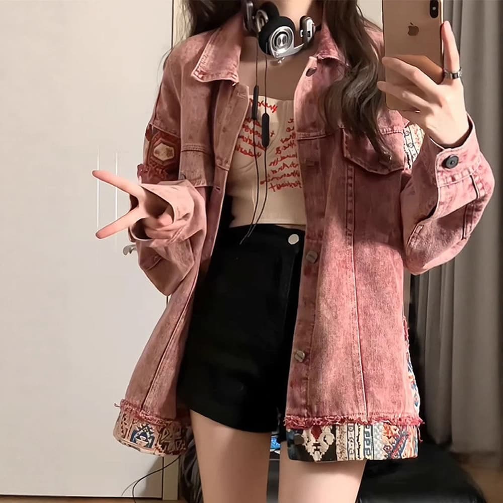 American retro spliced denim jacket for women in spring and autumn, loose design, niche casual, versatile pink workwear top