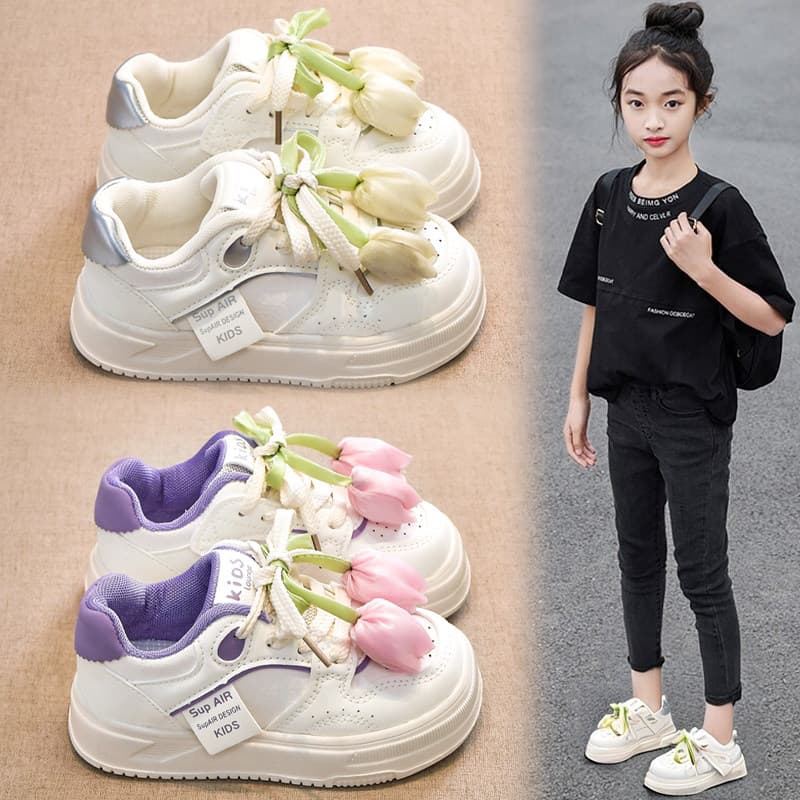 Children's Shoes Girls 2026 Spring Style Kids Soft Sole Princess Sneakers Fashion Girls Breathable White Board Shoes Big Kids