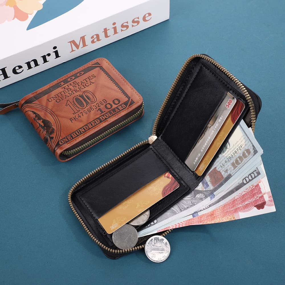 Amazon Best Seller: Men's Wallet with Vintage US Dollar Print, Ultra-Lightweight Coin Purse, Short Zipper Bag