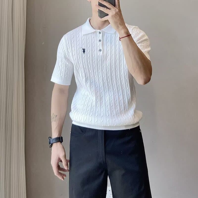 Cross-border trade small horse embroidery men's polo knitwear casual business summer twisted pattern high-end sweater for men