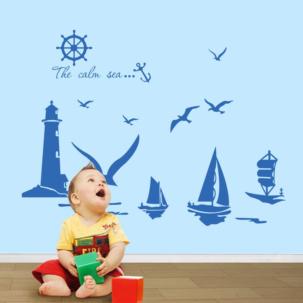 European and American style wall stickers, ocean sailboat stickers, living room and bedroom background PVC factory wholesale 9204 mural blue