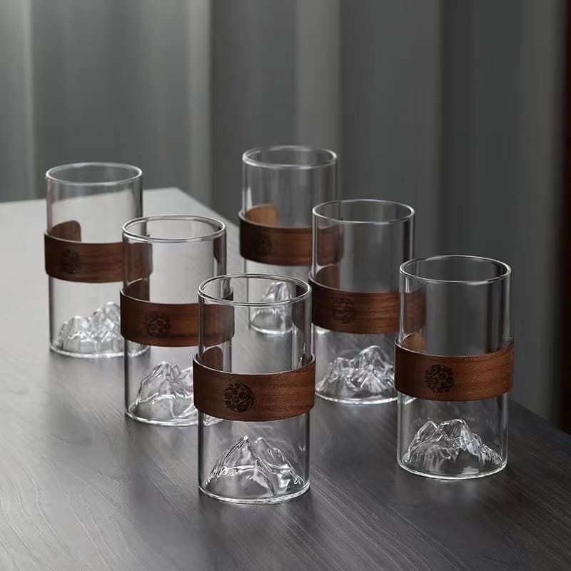 Round Borosilicate Glass Mountain View Cup with Wooden Base, Straight Transparent Glass Cup, Mountain-Shaped Teapot, Mountain View Cup