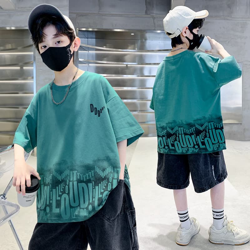 Guochao Big Kids Short Sleeve T-Shirt Summer Streetwear Trendy Pure Cotton Loose Fit Boys Versatile Half Sleeve Tee Men Hong Kong Style