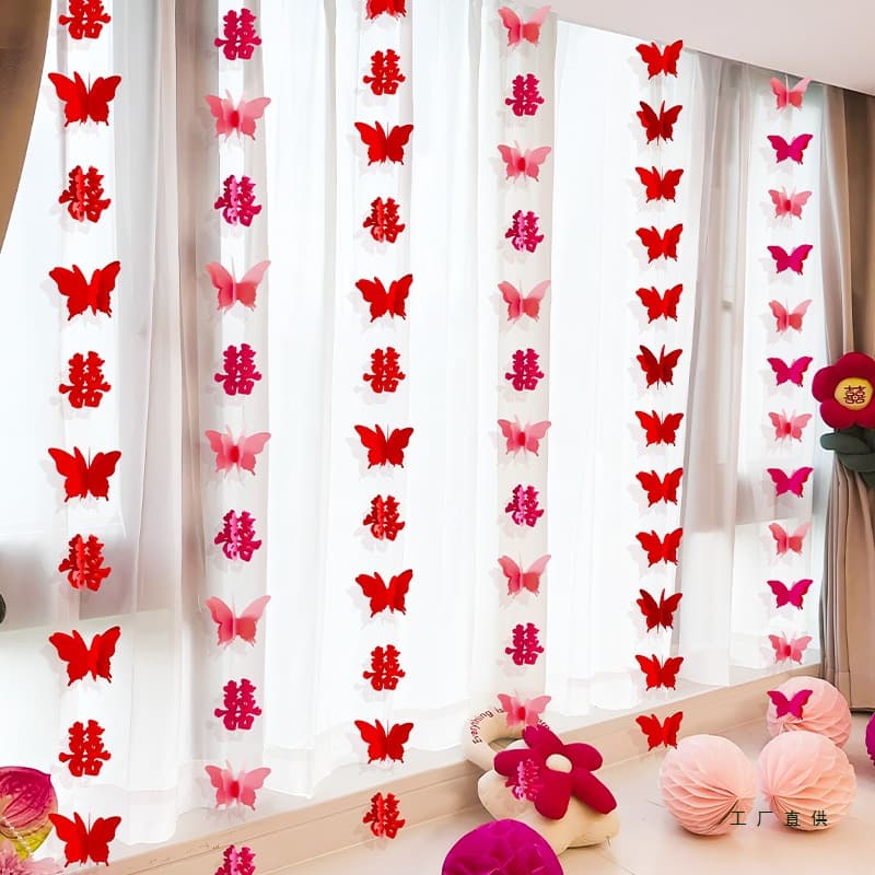 Butterfly and Double Happiness String Decorations for 3D Wedding Room Decoration, Engagement Scene, New Living Room Curtains, Window Sill, Wedding Supplies