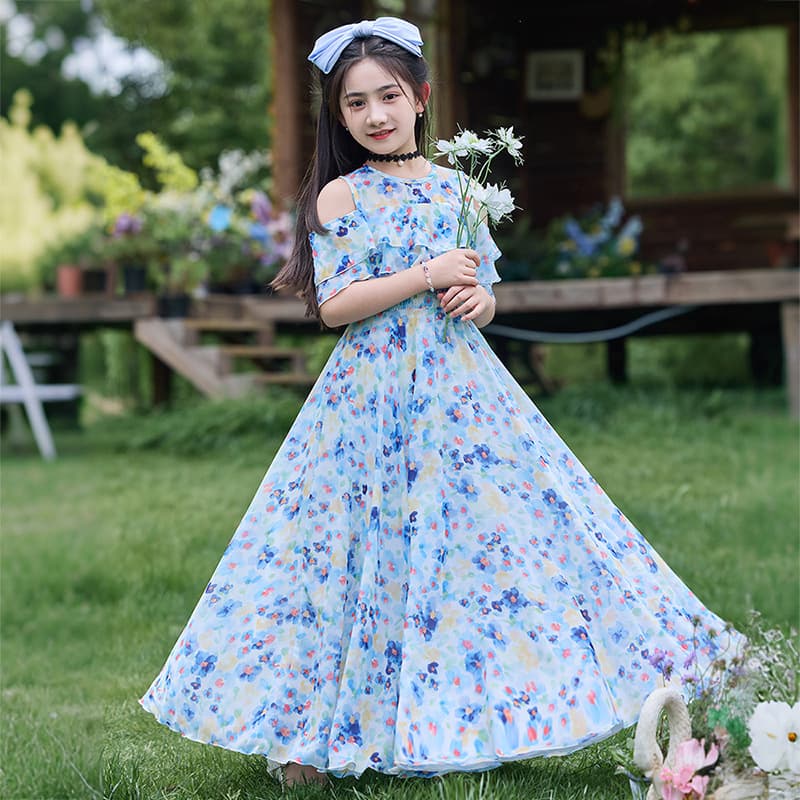 Girls Summer Dress 2025 New Fashionable Children's Chiffon Floral Dress Thin Style Big Girl Summer Beach Dress
