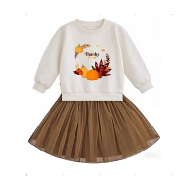 GL0051 Cross-border Export Children's Wear Small Hoodie Thanksgiving Print Mesh Dress
