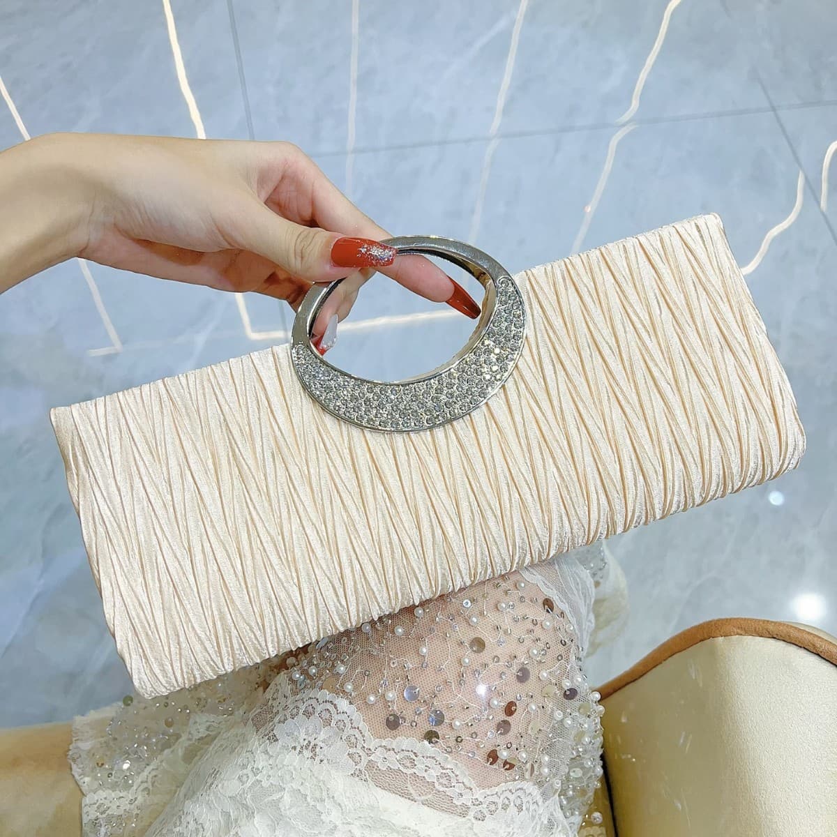 New Rhinestone Pleated Clutch Bag Fashion Classic Women's Evening Bag Banquet Party KTV Princess Evening Bag