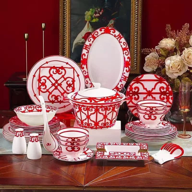 Cross-border bone china tableware set household plate dishes spoon set combination Chinese red series New Year housewarming gift