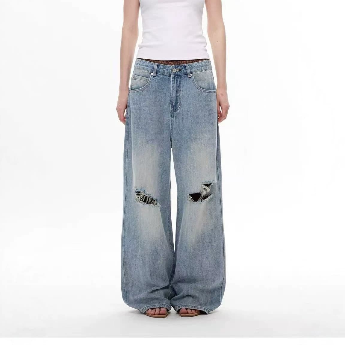 American style ripped washed distressed high-end wide-leg jeans for men and women trendy brand handsome street straight pants for couples