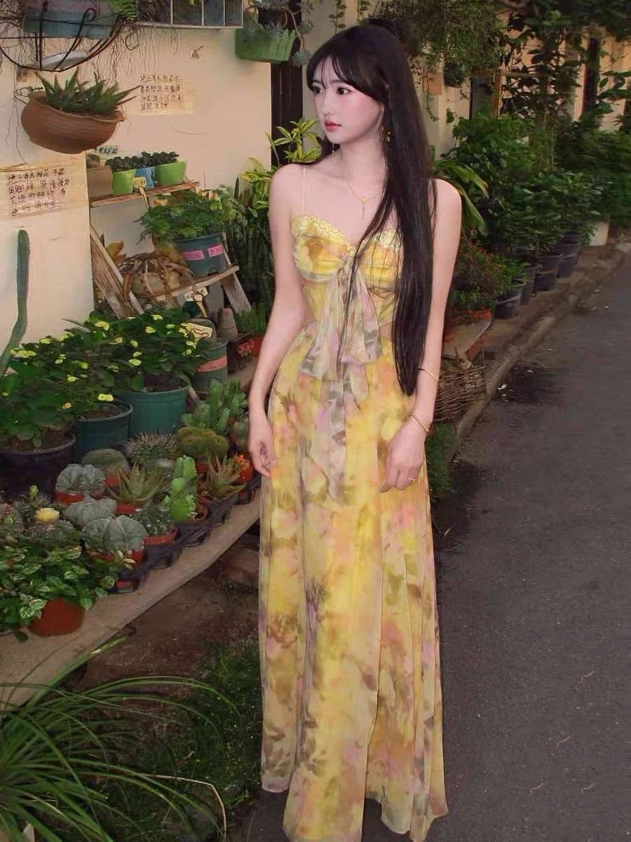 French high-end resort style tube top dress for women summer new style lace stitching yellow floral suspender skirt niche